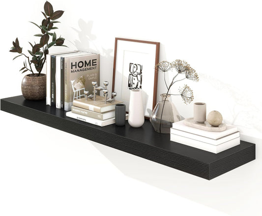 Black Floating Shelves for Wall - 55 Inch Wide x 12 Inch Deep Wall Shelves Set of 1 - Rustic Black Wood Shelves for Living Room, Bathroom, Laundry Room, Bedroom, Kitchen, Home Office