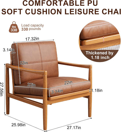 Mid Century Modern Accent Chair Set of 2, Leather Accent Chair, Relaxing Armchair with Solid Wood Frame & Soft Cushion, Reading Leisure Chairs for Living Room