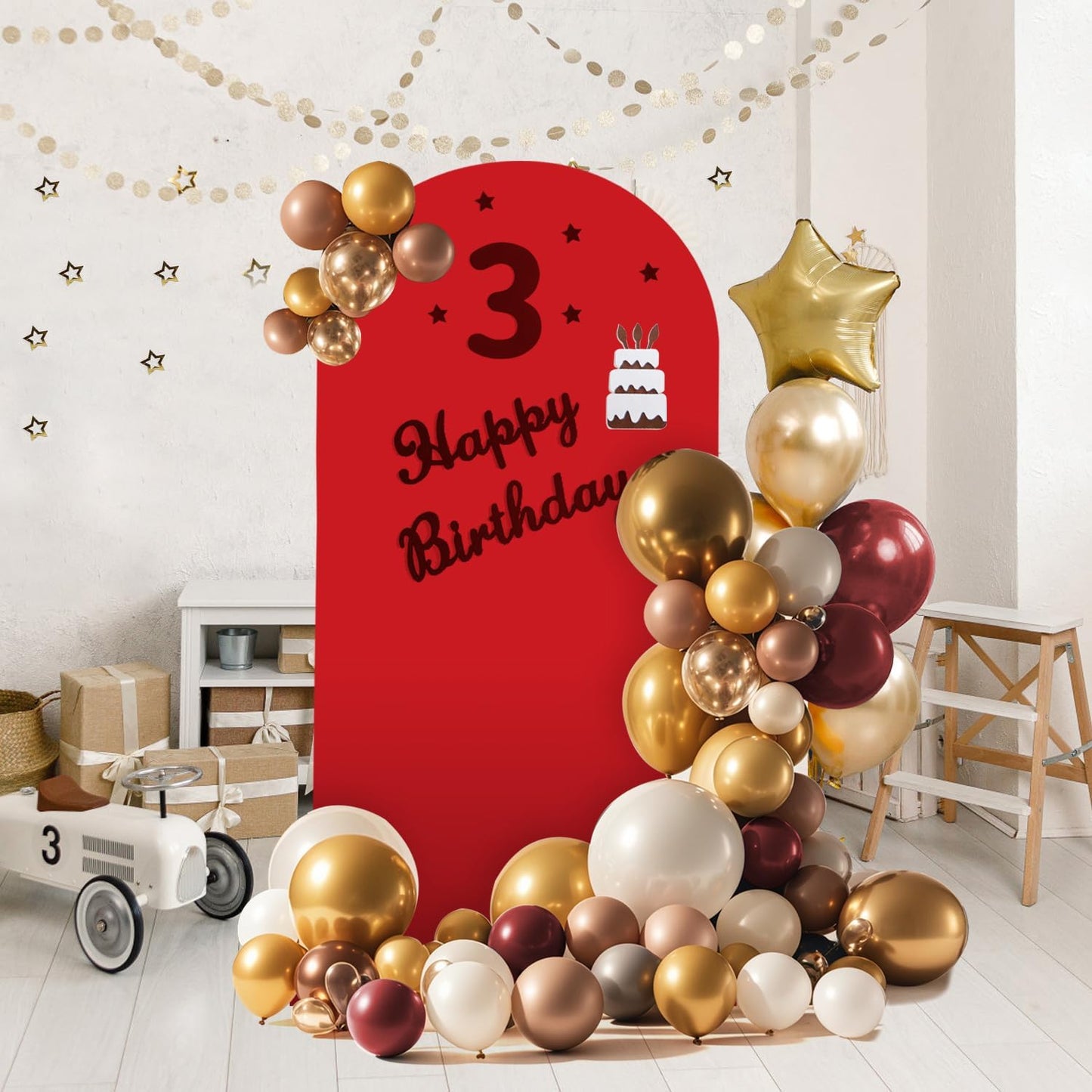 Arch Backdrop Stand and Cover Set, 3 Metal Balloon Arch Backdrop 4ft 5ft 6ft, Gold Arched Stand Frame for Wedding, Parties,Birthday, Backdrop Decorations (Red,4ft+5ft+6ft)
