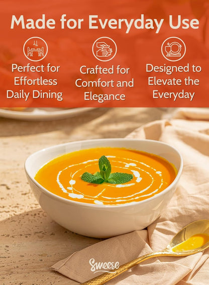 Sweese 7 Inch Porcelain 28 oz Bowls Set of 6, for Soup | Cereal | Pasta | Salad | Ramen | - Microwave, Dishwasher, and Oven Safe - White