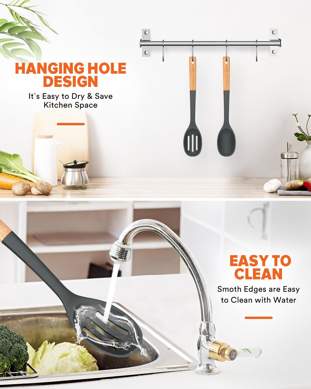 Silicone Cooking Spoons, Great for Scooping Sides and Serving Hearty Stews, BPA-Free Matte Silicone, Wooden Handle Serving Spoon for Nonstick Cooking Surfaces (Grey)