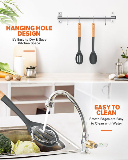 Silicone Cooking Spoons, Great for Scooping Sides and Serving Hearty Stews, BPA-Free Matte Silicone, Wooden Handle Serving Spoon for Nonstick Cooking Surfaces (Grey)