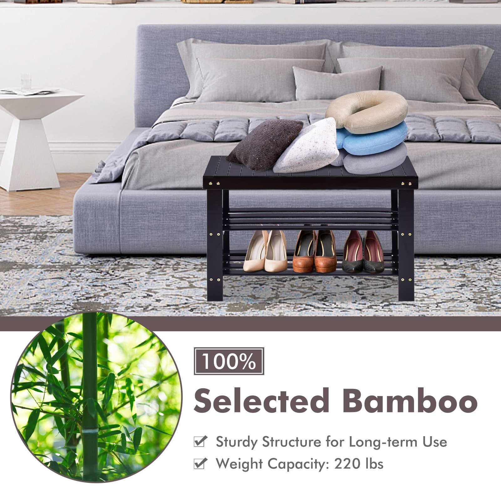 COSTWAY 3-Tier Shoe Rack Bench, Free Standing Wood Entryway Shoe Storage Organizer, Bamboo Storage