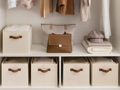 StorageWorks Storage Baskets for Shelves, Foldable Fabric Closet Storage Bins with PU Handles, Fabric Storage Bins Clothes Organizer, Ivory White, 3-Pack, Extra Large