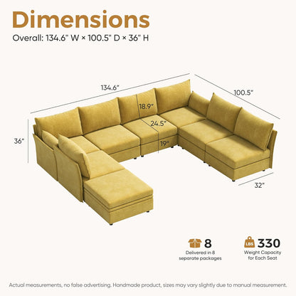134.6" Modular Sectional Sofa, U Shaped Couch Set for Living Room, Large 8-Seater Comfy Cloud Couches with Movable Storage Ottoman,DIY Combination - Chenille Yellow