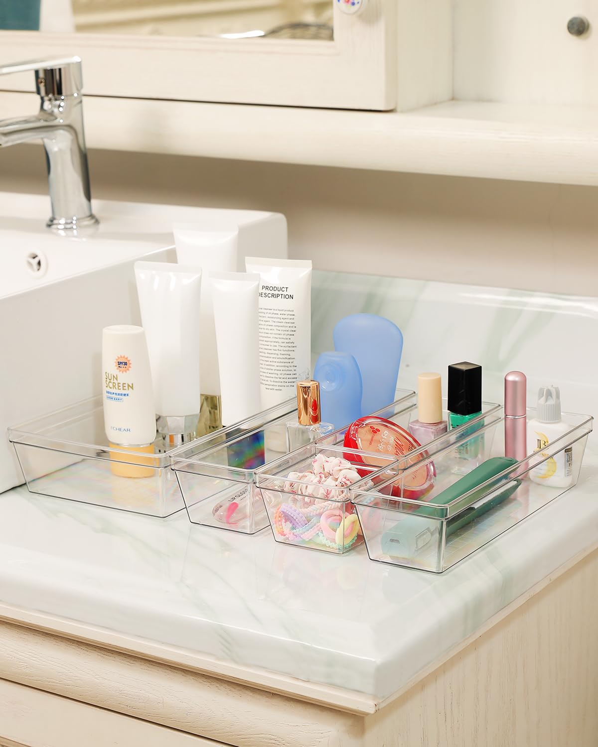 Sodynee Clear Plastic Drawer Organizer Storage - 25Pcs 4 Size Desk Bathroom Kitchen Organizers and