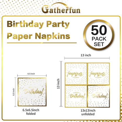 Gatherfun Birthday Party Supplies Napkins Disposable Paper Napkins with Gold Stamping for Adults and Kids Birthday Party（6.5X6.5 in, 3-Ply, 50-Pack)
