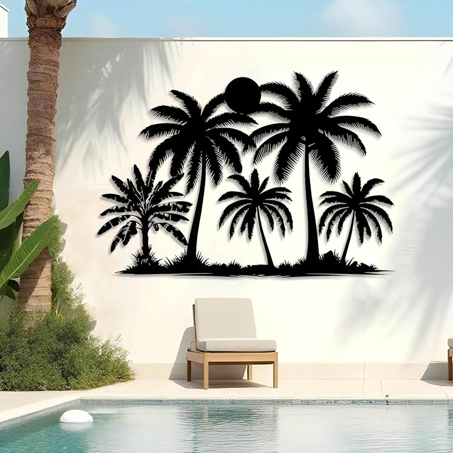 Tuglona Metal Palm Tree with Sunset Wall Decor, Tropical Palm Tree Metal Wall Art, Tropical Wall Decor, Sun Wall Art, Beach Wall Decoration, Coastal Trees Wall Hanging (Silver, 35"x25"/90x62cm)