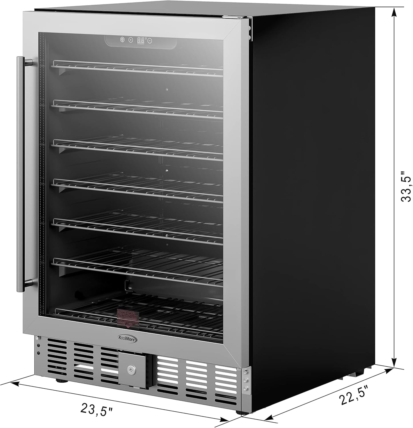 KoolMore 23.4??Inches Small Built-In Glass Door Refrigerator and Beverage Cooler for Soda Cans, 6 Wire Shelves, Adjustable Temperature Range [5.1 Cu. Ft.], 24" Inch (KM-BIR5C-GD)