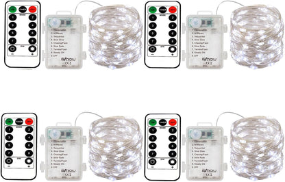 4 x Fairy Lights Battery Operated, Silver Wire Chains 8 Mode 5M 50 LEDs Timer String Lights with Remote Control for Bedroom Christmas Party Wedding Decoration