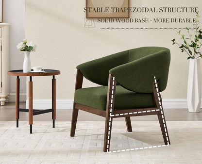 Mid-Century Modern Accent Chair, Comfy Barrel Armchair with Wide Seat, Upholstered Lounge Chair with Walnut Wood Legs for Living Room/Bedroom/Reading Corner, Linen Fabric, Deep Green, 1PC