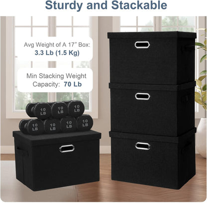 Large 17" 36 Quart Collapsible Stackable Storage Bins with Lids, 5 Packs Black Linen Fabric Closet Boxes with Lids, Storage Cube Baskets Container Organizers for Bedroom Office(17 x12 x11)