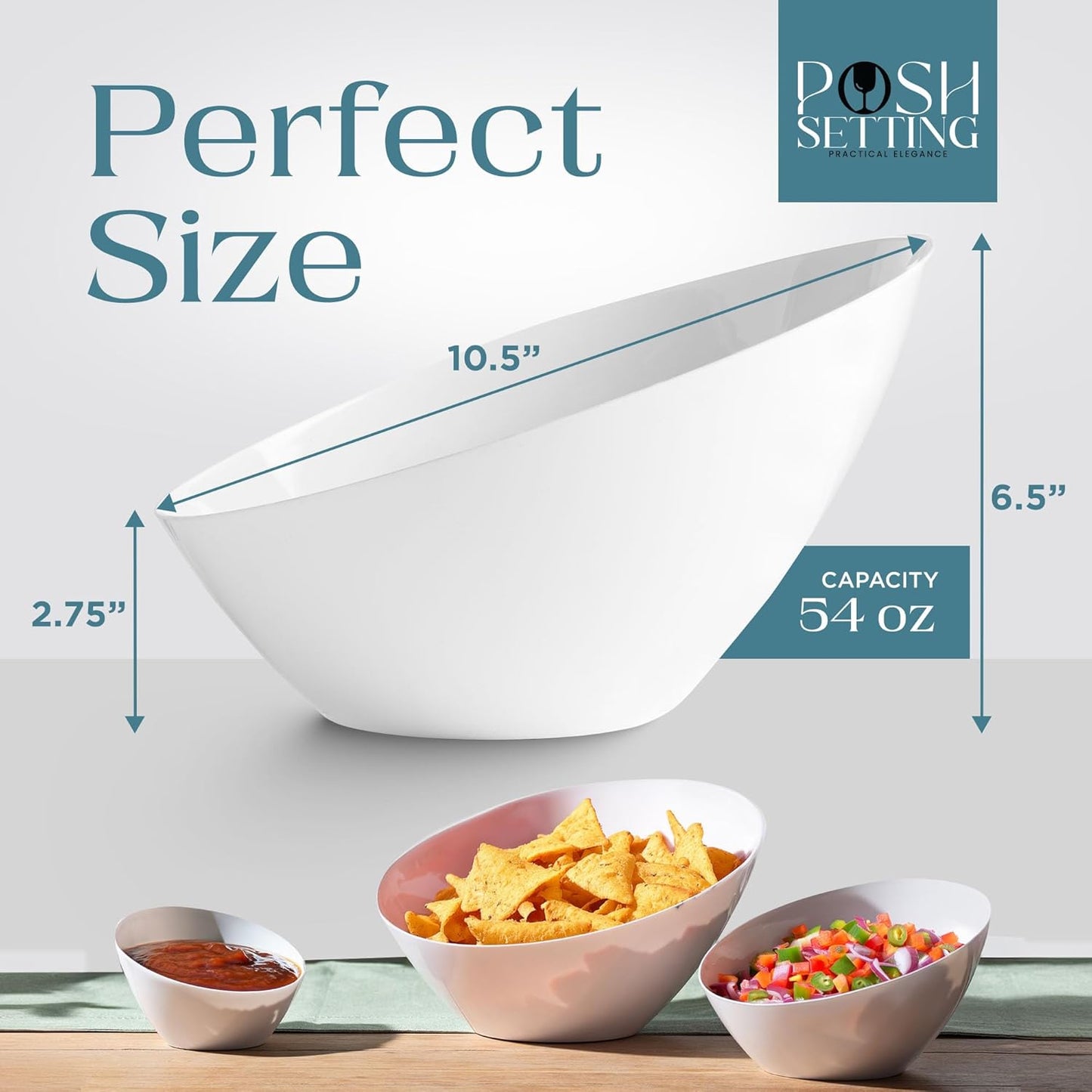 Posh Setting - White Plastic Serving Bowls for Party - Angled, Disposable, Chip & Candy Bowls - 54 OZ, 5 Pack