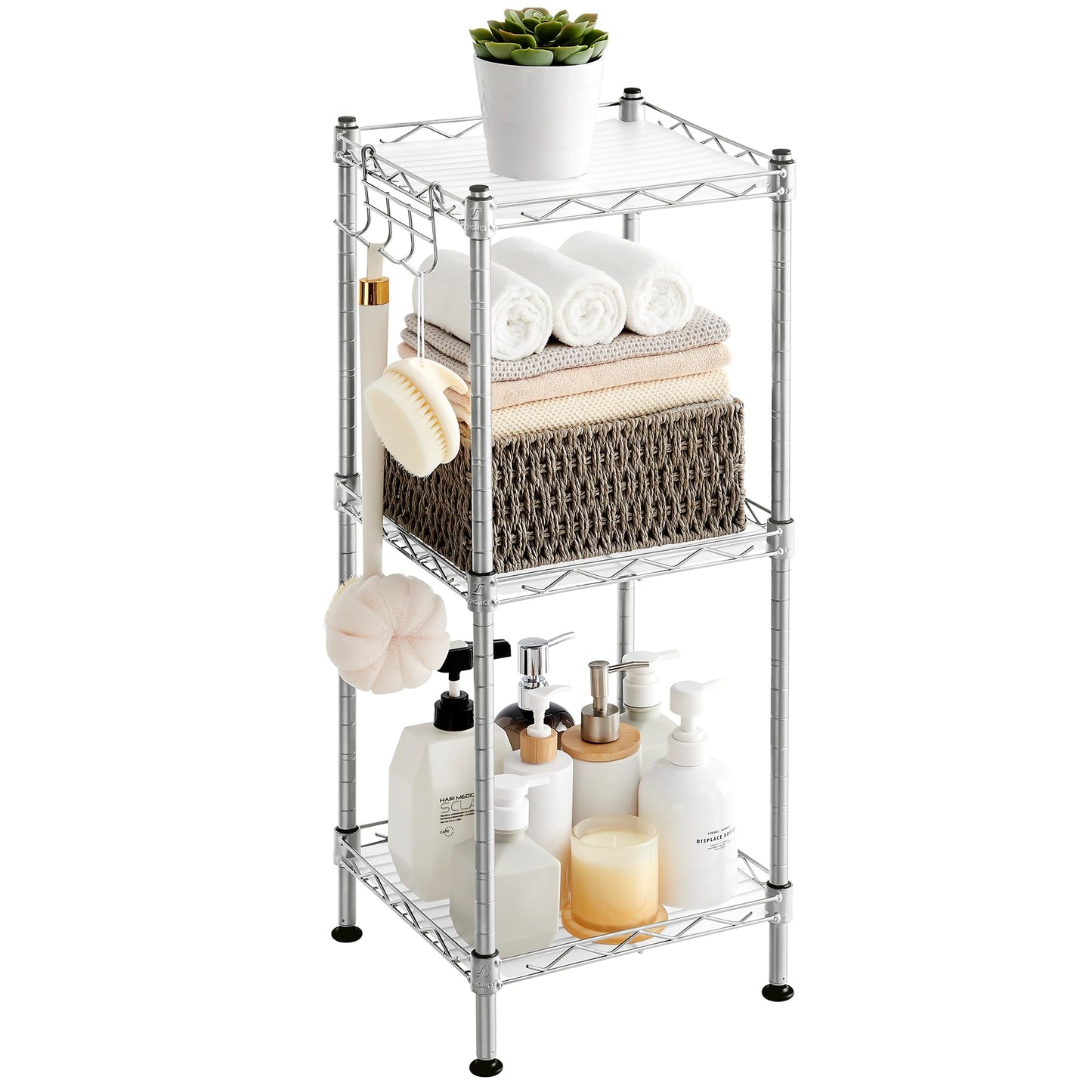 SONGMICS Storage Shelf, Bathroom Shelf, 3-Tier, Silver and Translucent