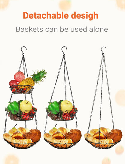 3 Tier Hanging Basket with Sturdy Metal Chain Hanging Hooks Fruit and Vegetable Basket Heavy Duty Wire Organizer Space Saving Rustic Country Style Kitchen Storage