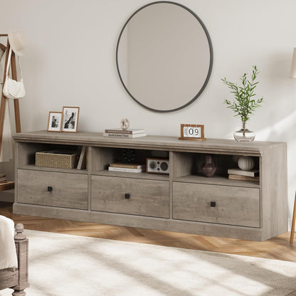 IDEALHOUSE 70in TV Stand for TVs up to 80", Mid Century Modern Entertainment Center with Storage Drawer and Open Shelves, TV Console Media Cabinet for Living Room, Bedroom, Rustic Gray