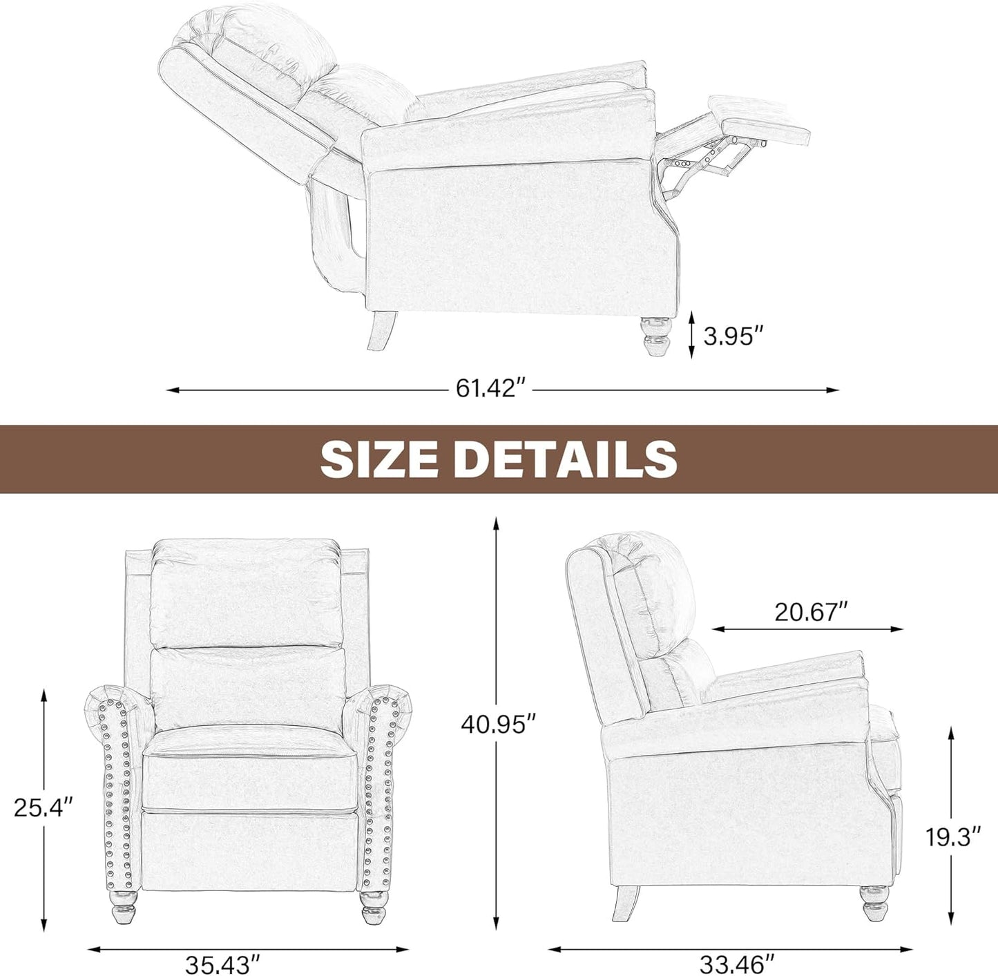 UIXE Pushback Recliner Chair, Fabric Armchair Push Back Accent Chair, Rivet Trim Club Chair Home Theater Overstuffed Single Sofa Reading Seat for Living Room, Pattern