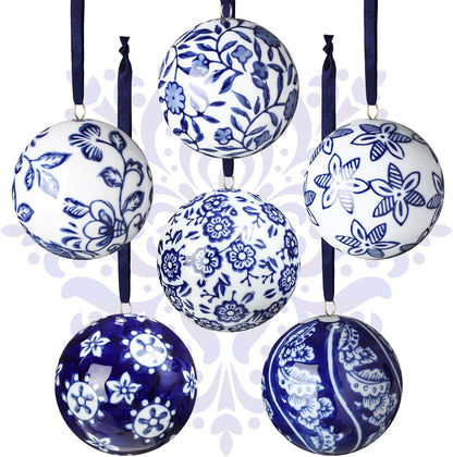 Cindeer 6 Pcs Blue and White Christmas Porcelain Balls 2.4 Inch Porcelain Chinoiserie Ornament Bulk Christmas Ceramic Hanging Decorative for Tree Home Xmas Party (Novelty Style)