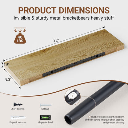 Heimlove 32 Inch Floating Shelves for Wall,Oak 9.3" Deep Floating Shelf Set of 2,Wall Mounted Shelves for Bathroom Bedroom Living Room Kitchen Office,Shelf for Books Storage Room,Home Decor