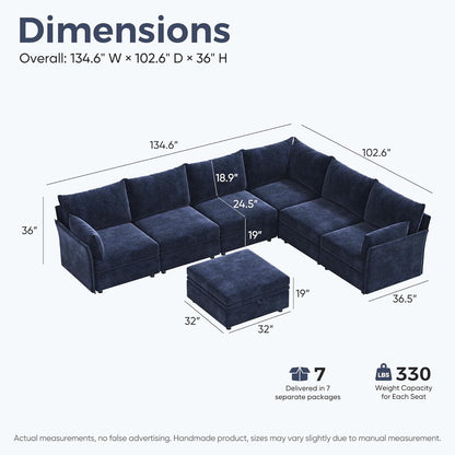 136.4" Oversized Modular Sectional Sofa, L Shaped Convertible Couch with Movable Ottoman, Large 7 Seat Corner Couches for Living Room Deep Seat Blue Chenille