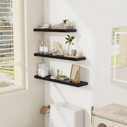 Fun Memories Black Floating Shelves Wall Shelf 24 Inch Long, Rustic Bathroom Shelves, Wall Mounted Wood Floating Shelf for Kitchen, Living Room, Bedroom, 24 x 6.7 x 1.4 inch Set of 3