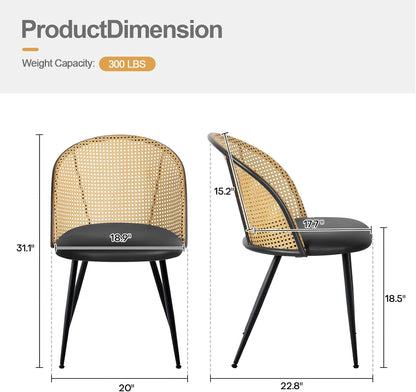 Dining Chairs Set of 4, Mid Century Modern Dining Room Chairs with Full Rattan Back, Faux Leather Kitchen Dining Chairs Farmhouse Armless Mesh Cane Back Side Chairs with Metal Legs, Black