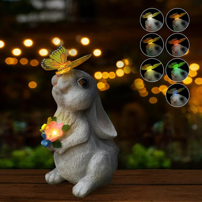 Solar Bunny Statues Light for Garden - Color-Changing Rainbow LED Butterfly,Rabbit Figurine Decor Auto On/Off,Easter Gifts for Yard Balcony & Patio Ornaments (Colorful Light)