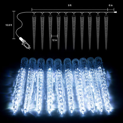 Christmas Icicle Lights Outdoor, 10Ft Meteor Shower Lights with 10 Ice Shaped Tube, Snowfall Shooting Star Light Effect, Falling Crystal Christmas Decorations for House Eave Roofline, Cool White
