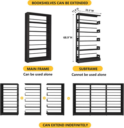 Large Metal Bookcase, 69” Modular Bookshelf with Storage, 5 Tier Bookcase with Adjustable Shelves, Extra Tall Book Shelves, Modern Book Case for Library, Office, Entryway, Living Room（Black）
