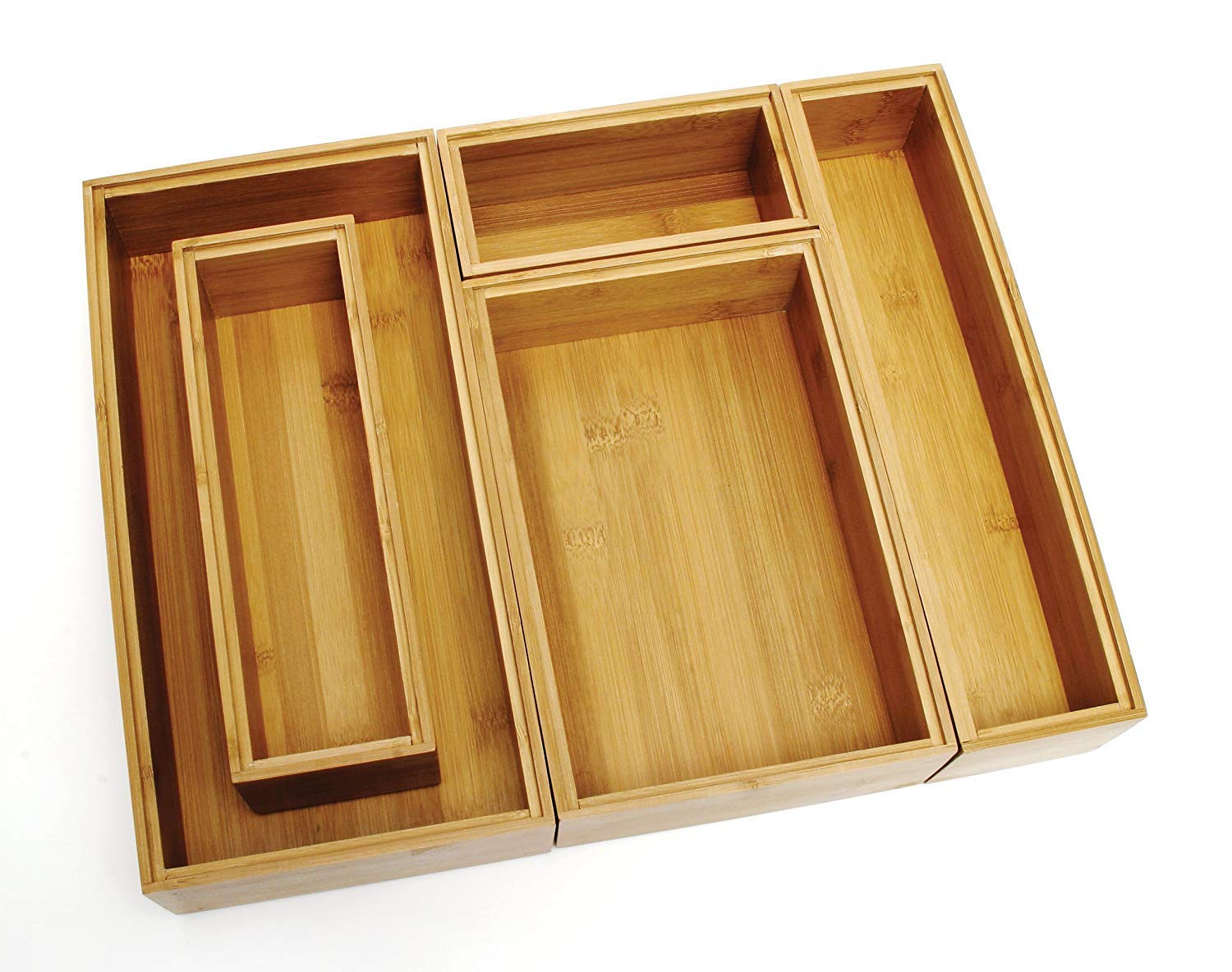 Lipper International 88005 Bamboo Wood Drawer Organizer Boxes, Assorted Sizes, 5-Piece Set