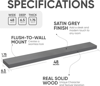 Homeforia Gray Floating Shelf 48 inch, High End Solid Real Wood 48inch Floating Shelves for Wall Mounted, Grey Wooden 48 inches Long Floating Shelves, Heavy Duty Bracket, 48 X 6.5 X 1.75 in, Set of 2