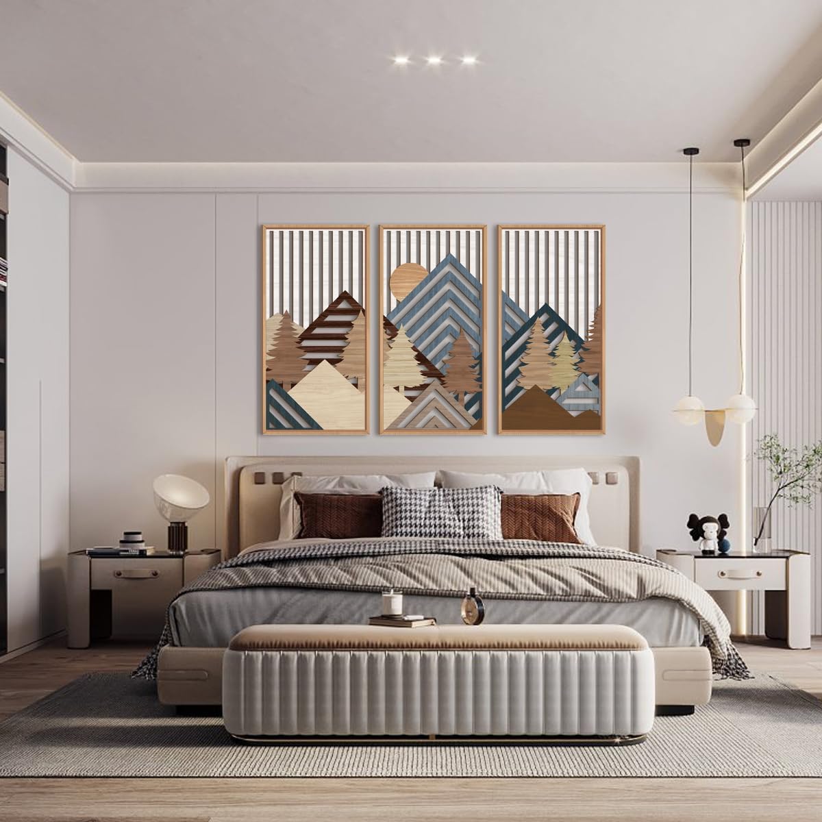 IARTTOP Large Mountain Wood Wall Art 16"x32"x3 Abstract Forest Wall Sculpture Geometric Boho Sunset Wilderness Artwork for Bedroom Living Room Office