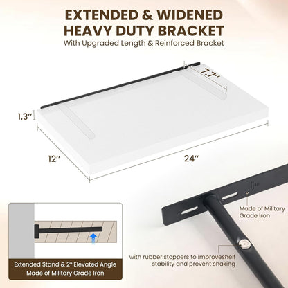 24" Floating Shelves for Wall, 12" Deep Slim White Floating Shelves, Wall-Mounted Shelves for Bedroom, Living Room, Kitchen, Bathroom - Set of 2