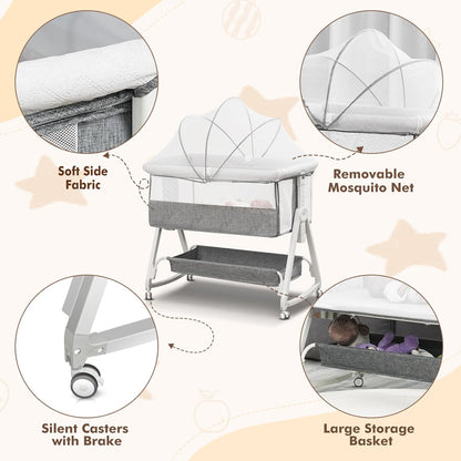 Baby Bassinet Bedside Sleeper for Baby,Bedside Bassinet with Wheels and Storage Basket,All Mesh 6 Height Adjustable Easy to Assemble Bedside Crib (Upgrade Grey)