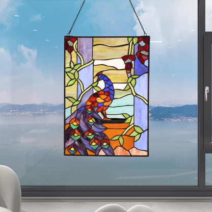 YOURANJU Stained Glass Window Hanging 16" H x 11" W Tiffany Style Rectangular Window Panel Suitable for Living Room Bedroom Kitchen Window Decoration Hangings with Chain (Peacock)