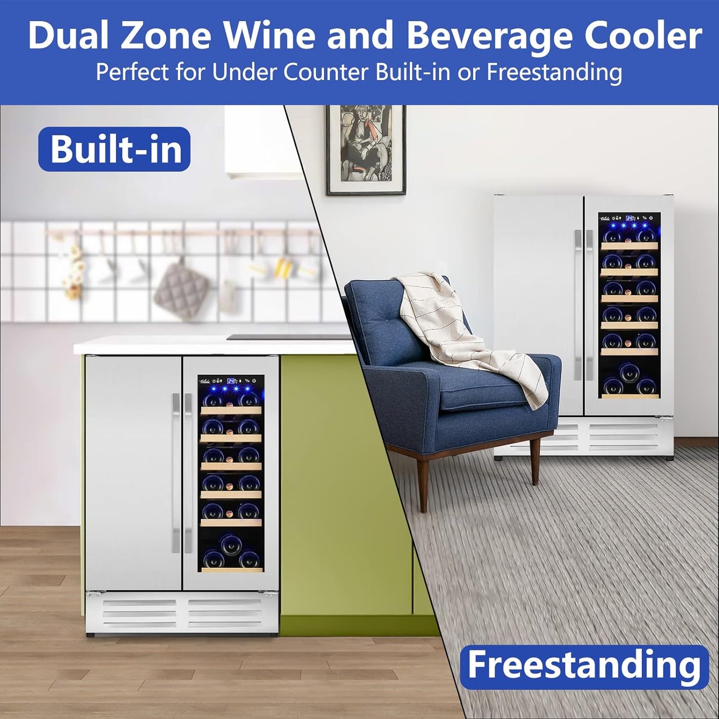 Wine and Beverage Refrigerator,24 Inch Dual Zone Wine Beverage Cooler, Built-in/Freestanding Beer and Wine Fridge with a Powerful Compressor, 20 Bottles and 88 Cans Capacity
