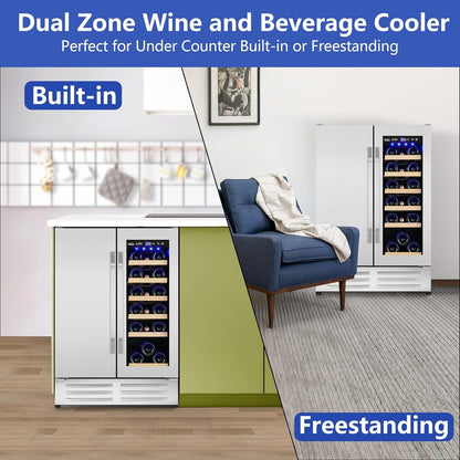 Wine and Beverage Refrigerator,24 Inch Dual Zone Wine Beverage Cooler, Built-in/Freestanding Beer and Wine Fridge with a Powerful Compressor, 20 Bottles and 88 Cans Capacity