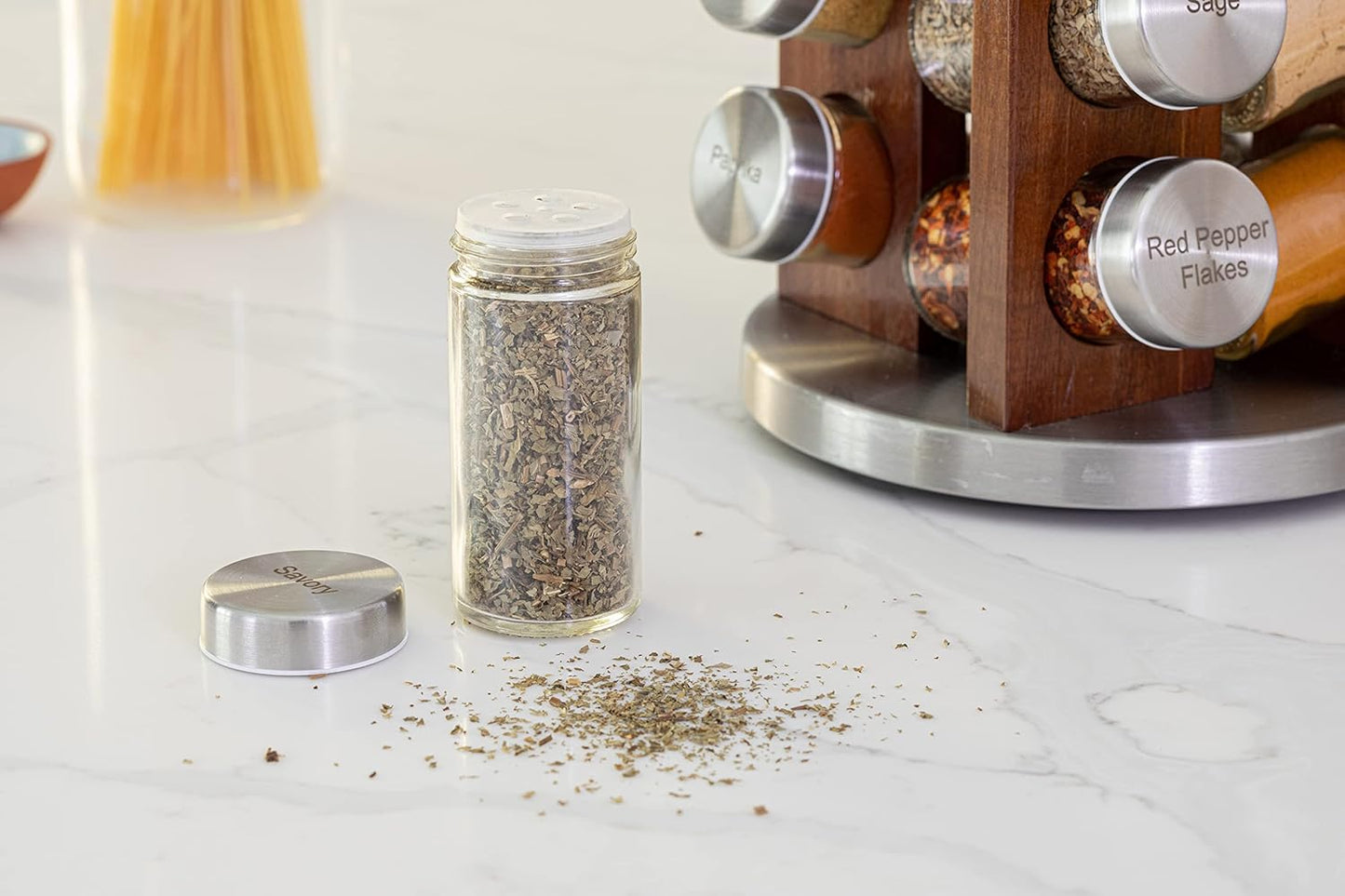 Orii 20 Jar Dark Acacia Wood Spice Rack with Spices Included - Rotating Tower Organizer for Kitchen Spices and Seasonings, (Dark Stained Acacia Wood)