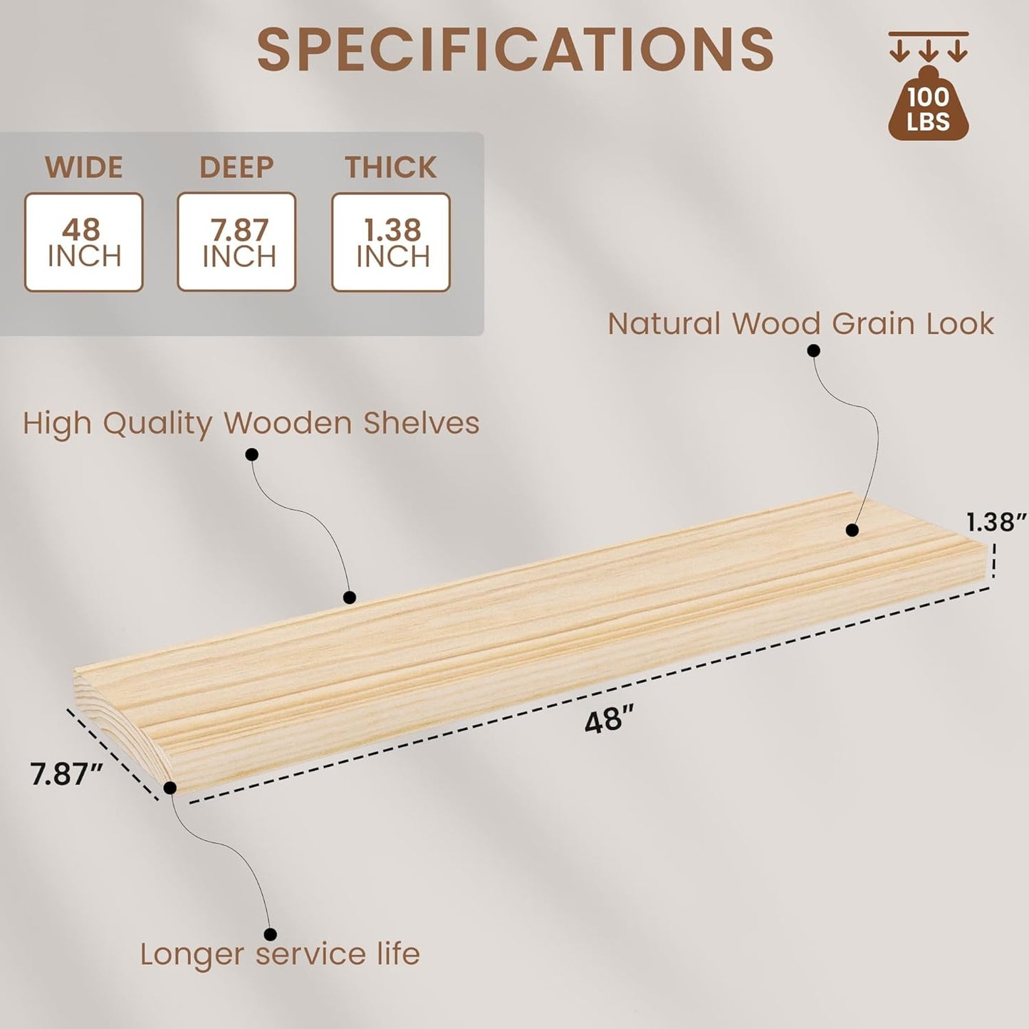 Light Wood Floating Shelves 48 Inch, 8 in Deep Single Book Shelf Floating for Wall Mounted, Heavy Duty Shelf Hold 100 lbs, Unfinished Wall Shelves for Bathroom, Living Room, Kitchen, Bedroom, Office