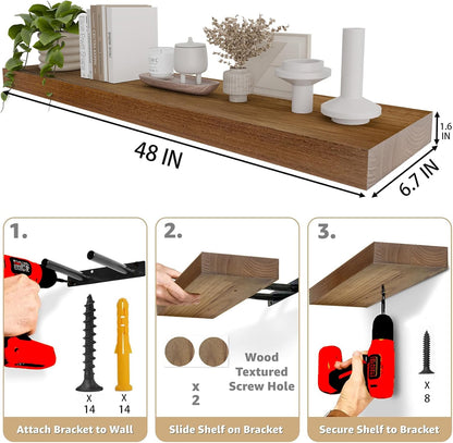 IAE Walnut Floating Wall Shelves 48 inch, Bathroom Shelves Wall Mounted,Invisible Shelves Floating Kitchen Shelves,Wooden Wall Shelves with Brackets for Living Room Wall Mounted,Easy Install,Set of 2