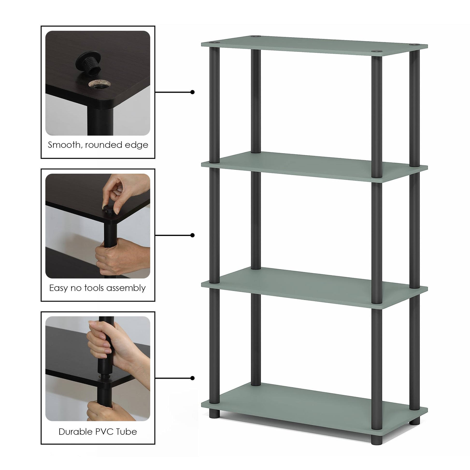Furinno Turn-N-Tube Storage Shelves, 4-Tier Book Shelf, Corner Shelf, Toolless Open Shelves, for