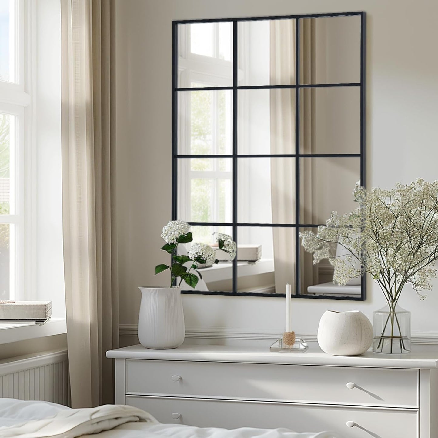 Windowpane Wall Mirror 24"x36" Black Wall Mounted Art Pane Mirror Farmhouse Decorative Mirror Leaning Hanging Wall Mirror for Bedroom Living Room Entrance Hallway Wall Decor