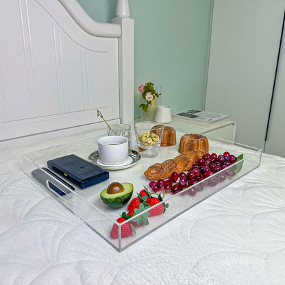 Clear Rectangular 16x20 Inches Acrylic Ottoman Tray Decorative Serving Tray with Cutout Handles Organizer Tray on Coffee Table Countertop Big Breakfast Bed Tray Living Room Appetizer Serving Food