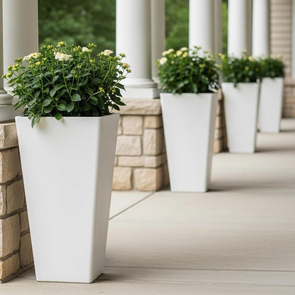WORTH Garden Large 28 in.Tall Planters Set of 2 for Indoor and Outdoor, Heavy Duty Plastic White Modern Taper Flower Plant Pots with Drainage Hole and Dual-Purpose Tray for Front Porch, Patio