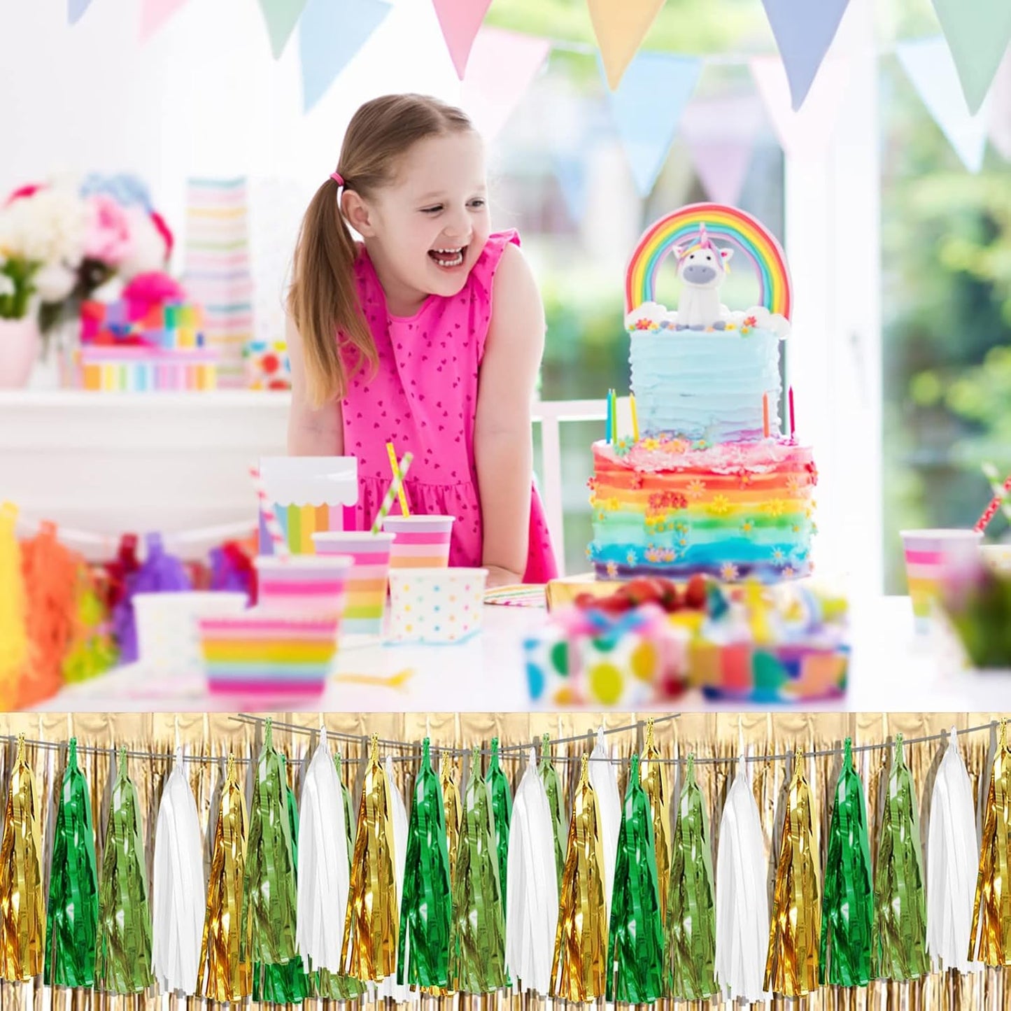 4P Sage-Green Beige-Mint Gold Foil Fringe Metallic Tassel Garland Banner, Tassels Banner Streamers for Parade Floats, Bachelorette, Wedding, Birthday, Christmas, Bridal/Baby Shower Party Decorations