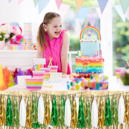 4P Sage-Green Beige-Mint Gold Foil Fringe Metallic Tassel Garland Banner, Tassels Banner Streamers for Parade Floats, Bachelorette, Wedding, Birthday, Christmas, Bridal/Baby Shower Party Decorations