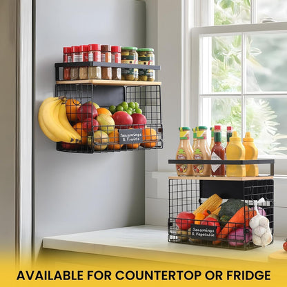 [WIDER Shelf]2 SET Strong Magnetic Shelf Basket for Fridge with Tag & Bamboo Top, XXL Large Magnetic Spice Rack Shelves for Side of Refrigerator, Kitchen Pantry Storage Organizer for Food Fruit Veg