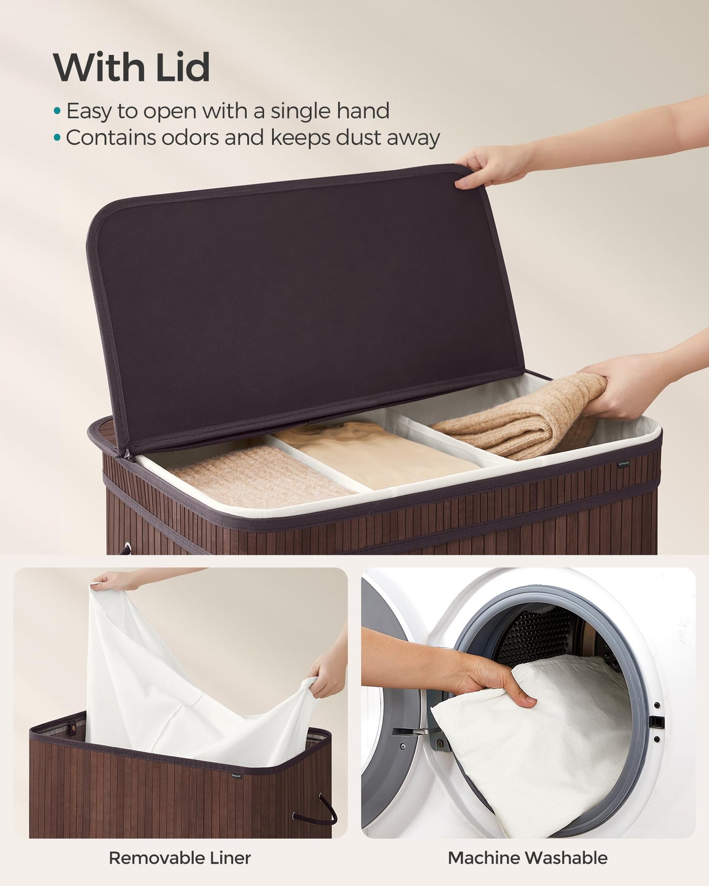 SONGMICS Laundry Hamper with Lid, Bamboo Laundry Basket, Removable Machine Washable Laundry Basket