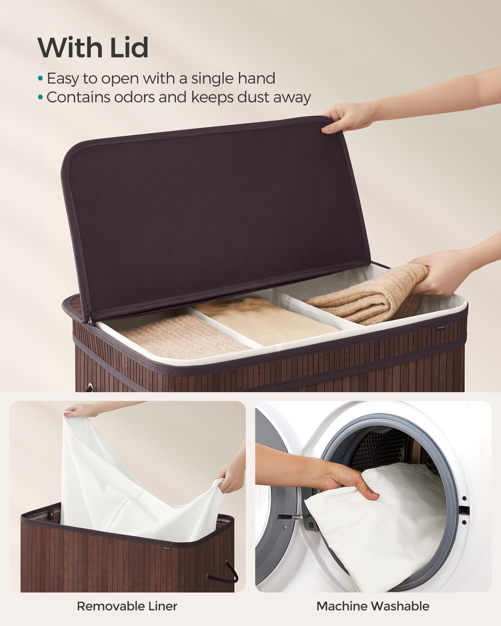 SONGMICS Laundry Hamper with Lid, Bamboo Laundry Basket, Removable Machine Washable Laundry Basket