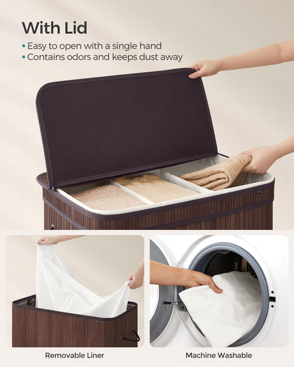SONGMICS Laundry Hamper with Lid, Bamboo Laundry Basket, Removable Machine Washable Laundry Basket